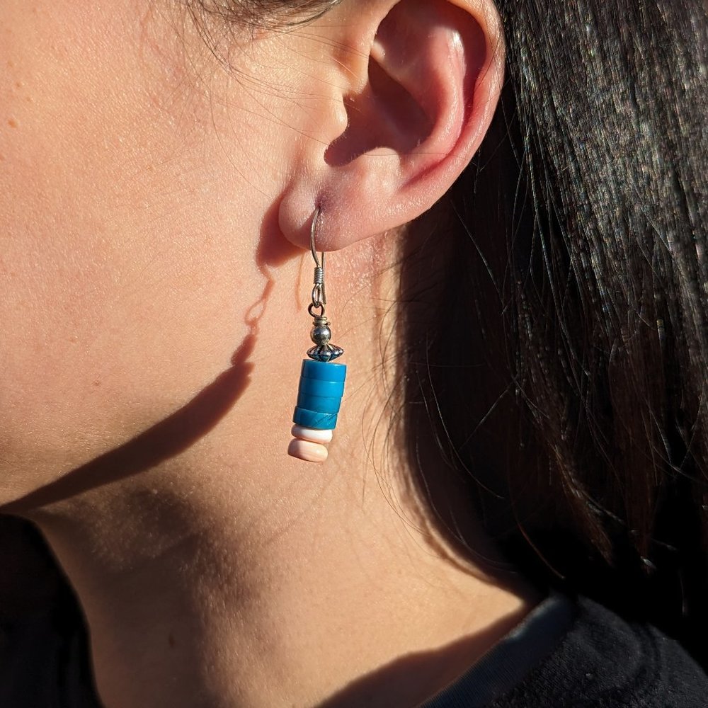 Navajo Block Turquoise and Melon Shells Dangling Earrings‎ NA Handmade Jewelry